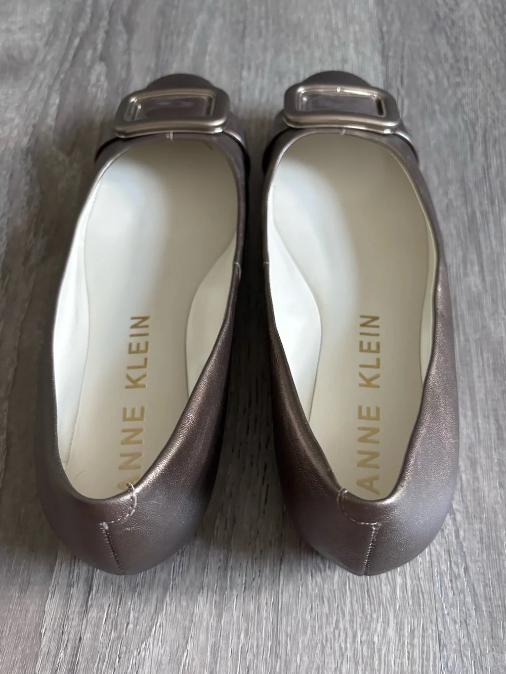 Anne Klein Bronze Metallic Square-Buckle Flats